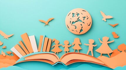 Vibrant layered paper cut style depicting the inclusive and transformative power of education featuring stacked books diverse children and a global sphere