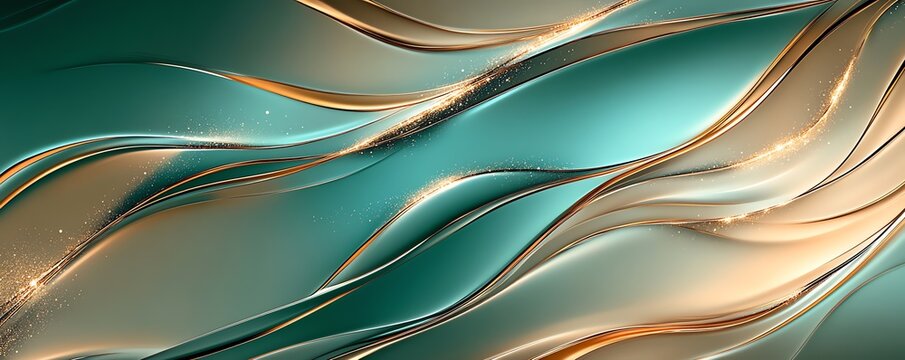 Vagues abstraites luxueuses en turquoise et or avec effet scintillant.