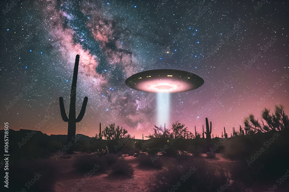 Wall mural mysterious ufo sighting illuminating a desert landscape under a starry night sky near cacti in the s