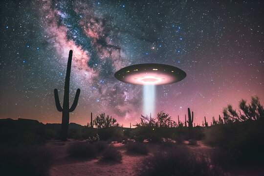 Mysterious UFO sighting illuminating a desert landscape under a starry night sky near cacti in the serene wilderness