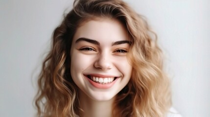 Naklejka premium Joyful Woman with Curly Hair Smiling Brightly