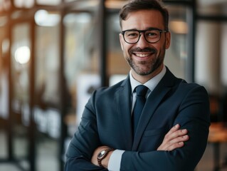 Fototapeta premium Portrait of a smiling businessman in a modern office, showcasing his leadership qualities