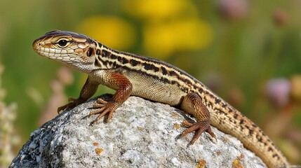 Naklejka premium A brown lizard with black stripes sits on a rock with a green and yellow blurred background.