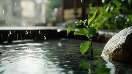 Naklejka premium 静かな石畳の道で雨の中で元気に育つ若い植物