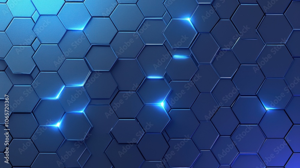 Poster an abstract blue hexagonal pattern with glowing light accents, creating a sense of depth and movemen