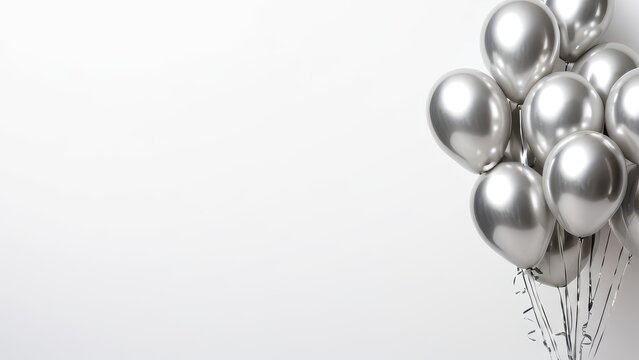 Elegant bunch of silver balloons on a white background, perfect for celebration or party themes
