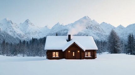 Cozy Cabin in Snowy Mountain Landscape