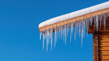 Icicles Hanging from Winter Roof Under Clear Blue Sky