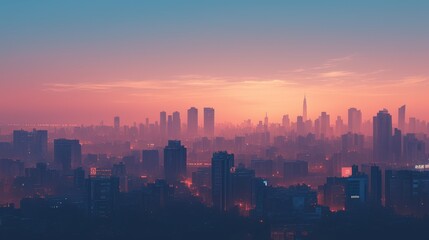 Fototapeta premium A breathtaking skyline view during sunrise, featuring urban skyscrapers shrouded in mist with warm pastel hues.