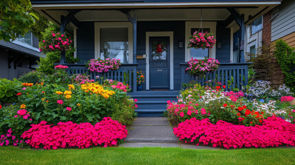 Fototapeta premium Charming Front Porch Garden with Colorful Summer Flowers