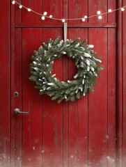 A beautiful Christmas wreath adorned with snow hangs on a red wooden door, adding a touch of festive charm to the winter setting. The wreath symbolizes celebration, tradition, and the warmth of the ho