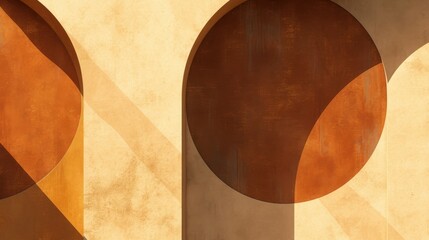 Abstract geometric art featuring warm colors and prominent circular forms, creating a modern and inviting atmosphere.