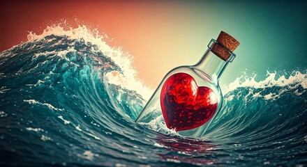 In the foreground a transparent old bottle with a cork that floats through masive ocean waves. Inside the bottle is a heart-shaped glass globe.