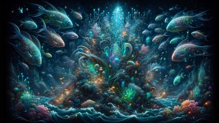 Obraz premium A vibrant bioluminescent coral reef teeming with colorful fish, intricate coral formations, and glowing aquatic plants