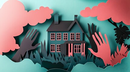 Layered papercut style depicting domestic violence awareness and the need for safe spaces and community support  The image features layered paper homes defensive hands