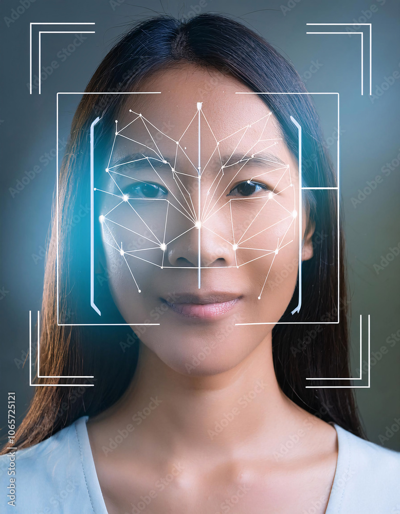 Wall mural conceptual visualization of facial recognition technology with digital mesh overlay and geometric sc