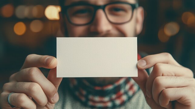 A smiling man holds a blank card, showcasing it against a softly lit background, emphasizing a friendly atmosphere. - Powered by Adobe