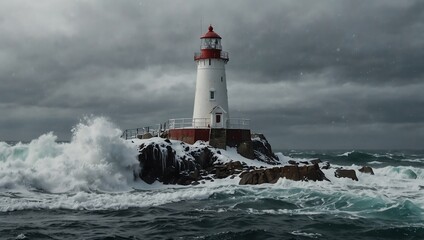 Obraz premium A white lighthouse stands on a rocky island, battered by large waves in a stormy sea.