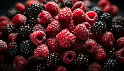 A PILE F RASPBERRIES AND BLACKBERRIES 