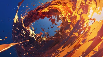 An abstract splash of orange and gold fluid mass swirling in a vivid blue backdrop, creating a dynamic visual impact.