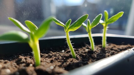 Closeup of four vibrant green tomato seedlings flourishing in a black pot, basking in the warm sunlight streaming through a window.  New growth, nature, life, spring, and hope.