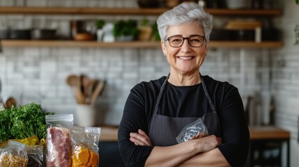 A senior woman showcases packaged processed meat alongside fresh ingredients in her kitchen