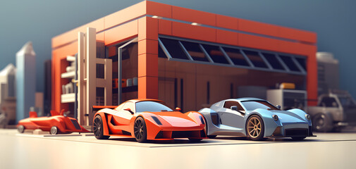 A Vibrant Collection of Sleek Sports Cars Parked in a Modern Urban Setting During Sunset