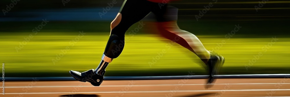 Poster an athlete using a prosthetic leg sprints down a track, showcasing determination and skill in a spir
