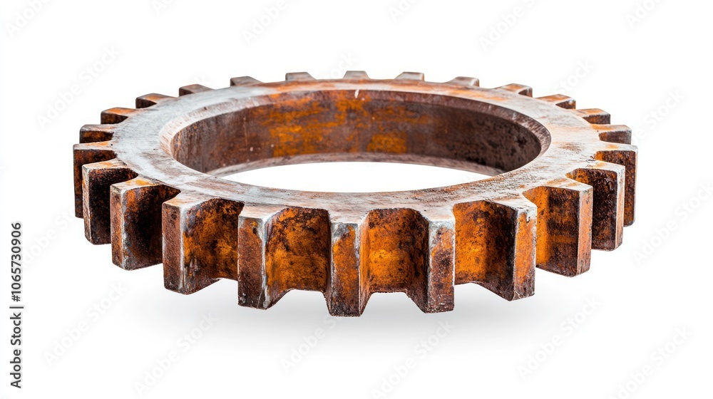 Poster rusty metal gear with sharp teeth isolated on white background