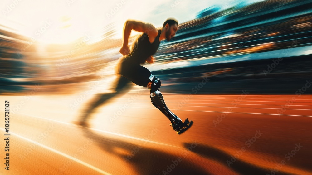 Aufkleber a determined athlete runs swiftly on a track, utilizing a prosthetic leg as the sun sets, showcasing