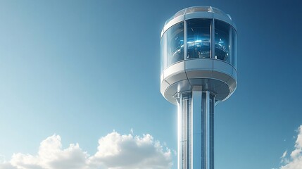 Modern observation tower with glass panels against blue sky.