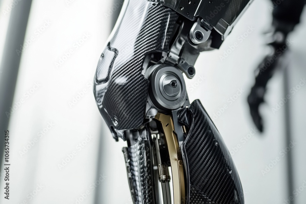 Poster the design showcases advanced materials in a modern prosthetic leg, highlighting its intricate mecha