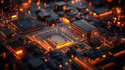 Obraz premium A network of glowing microchips and lines forming an abstract futuristic background in a dark cyberspace setting.