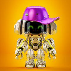 Futuristic robot dressed in playful purple cap standing in bright orange space showcasing advanced humanoid technology and whimsical design features