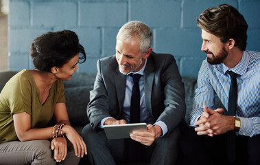 Office, discussion and business people with research on tablet for investment, help and support....