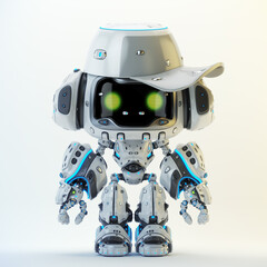 Futuristic humanoid robot wearing a cowboy hat with glowing eyes and intricate mechanical details on white background in studio lighting