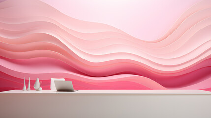 Elegant Minimalist Workspace With Soft Pink Wave Wall Design During Daylight Hours