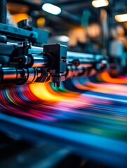 A close-up of a high-speed printing press in an industrial setting, showcasing the vibrant colors of the printed material as it moves through the machine, symbolizing speed, efficiency, and the power 