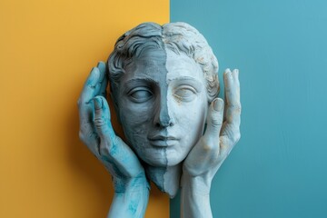 Contemporary art collage with plaster head and human hands.