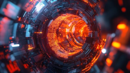 Fototapeta premium A futuristic, abstract tunnel made of glowing orange and blue digital elements.