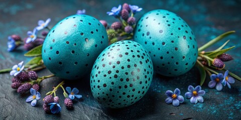 Obraz premium Aqua Dotted Easter Eggs Nestled in a Bed of Forget-Me-Nots