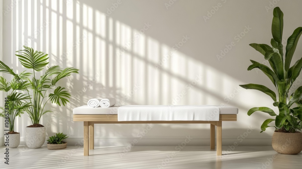 Aufkleber Sunlight casting shadows on a white wall in a modern and minimalist spa waiting room, creating a relaxing and zen atmosphere