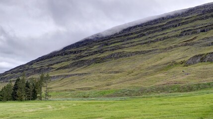 Paysage de Fjord en Islande par un temps nuageux 