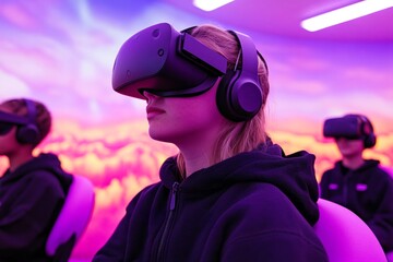 Student engaged in virtual reality learning session with classmates in modern classroom setting