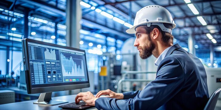 Industrial Engineer Analyzing Data on Computer in Modern Factory