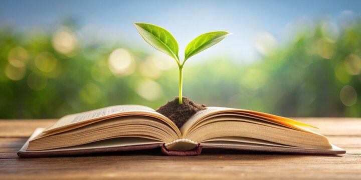 New Life Sprouting From an Open Book on a Wooden Table Against a Green Bokeh Background