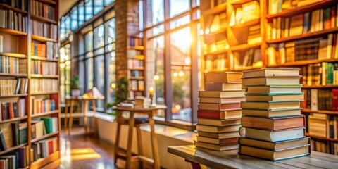Obraz premium Sunlight Bathes Stacks of Books in a Cozy Library Setting