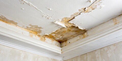 Water Damage on Ceiling with Ornate Molding - A Close-Up View of a Cracked and Stained Ceiling