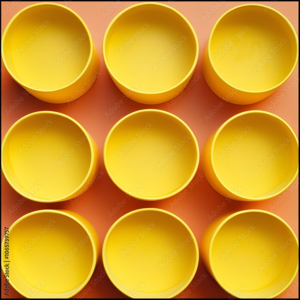 Poster symmetrical arrangement of vibrant yellow cups in geometric pattern captured from above