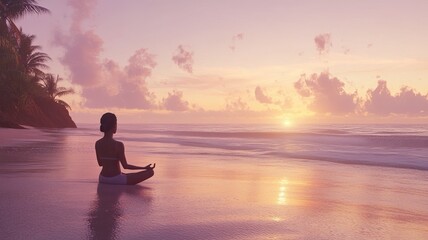 Sunset Serenity: A woman finds tranquility amidst a breathtaking tropical sunset, meditating on the pristine beach. The vibrant sky and gentle waves create a serene atmosphere.